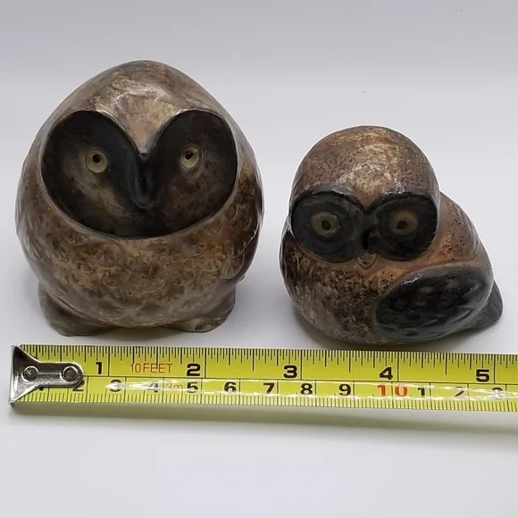 Vintage Owl Collection Otagiri Stoneware Bronze Pair Cryptomeria Wood Figurine - Picture 11 of 16